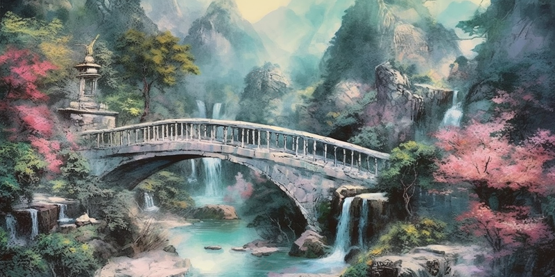 壮丽山川河流桥梁桃花美景,插画/手绘图,插画/手绘图库,插画/手绘图下载,插画/手绘